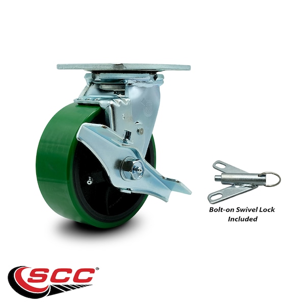 5 Inch Green Poly On Cast Iron Caster With Roller Bearing And Brake/Swivel Lock